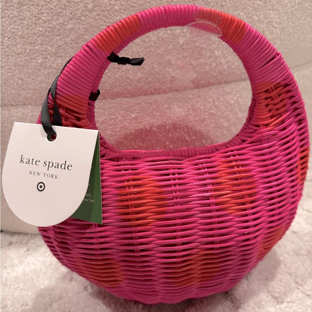KATE SPADE x Target Pink Wicker Crescent Bag Red Polka Dots Basket Weave NWT - Picture 5 of 7